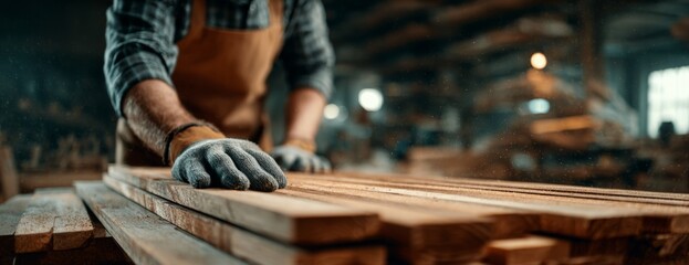 Carpenter working with wooden planks in workshop during daytime  