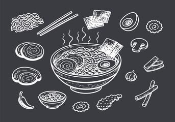 Delicious Ramen Bowl and Japanese Ingredients Sketch
