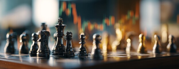 Chess pieces on a board with stock market charts in background  