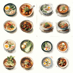 Top view illustration of assorted Asian soup bowls with rich broths vegetables and eggs. Multiple recipes displayed for culinary education menu design and food visuals.