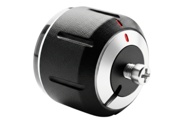 Black control knob with silver details and red indicator isolated with transparent background