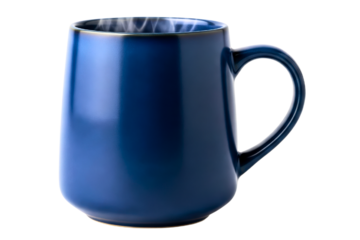 Blue ceramic coffee mug with rising steam for hot drink isolated with transparent background