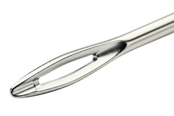 Macro closeup of silver sewing needle eye isolated with transparent background