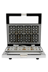 Open the electric waffle maker machine with nonstick plates isolated with transparent background