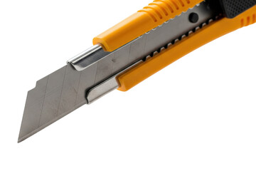 Sharp utility knife with yellow handle and metal blade isolated with transparent background