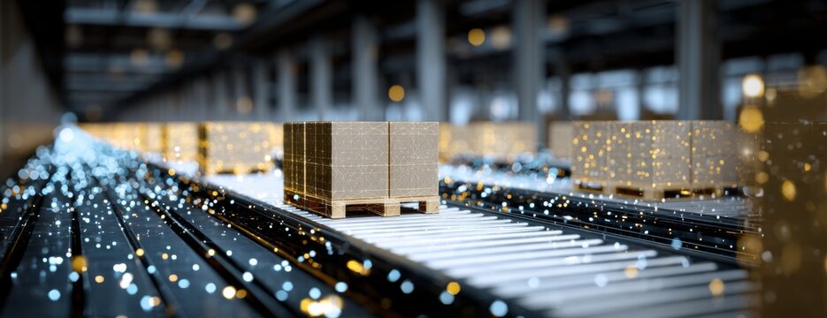 Digital warehouse with boxes on conveyor belt and smart lighting background and data visualization for industrial logistics  - Powered by Adobe