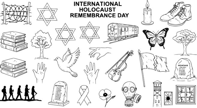 Holocaust Remembrance Day Black and White Line Art Icons Set. Commemorative symbols of history, human rights, and peace, including barbed wire, Star of David