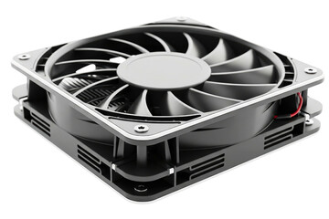 Black computer case cooling fan with plastic blades and housing isolated with transparent background