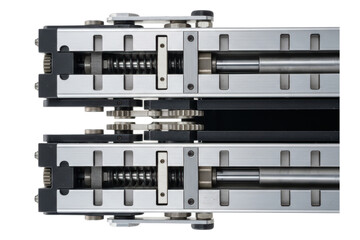 Mechanical linear actuator assembly with metal gears and springs isolated with transparent background