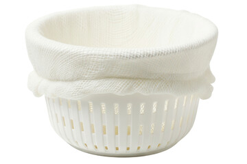 White plastic cheese draining basket lined with cheesecloth mesh isolated with transparent background