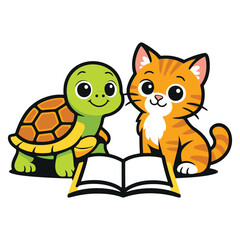 Cute Cartoon Turtle And Cat Reading Book Together Illustration