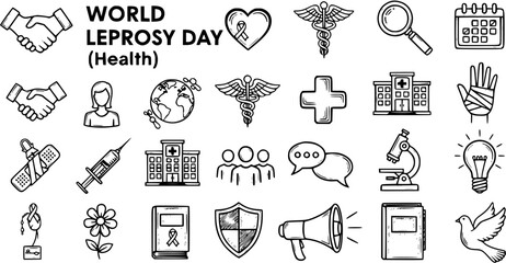 World Leprosy Day Health Icons: Black and White Line Art with Medical Symbols