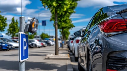 Fototapeta premium Cars parked in a large parking lot under a clear blue sky during a sunny day