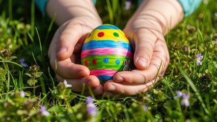 Child hands holding colorful painted easter egg