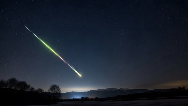 A vibrant green meteor streaks across the dark night sky over mountains - Powered by Adobe