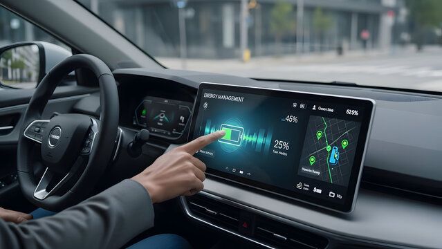 Close up driver hand touching electric car dashboard touchscreen to check battery level and navigation map for charging stations in city - Powered by Adobe