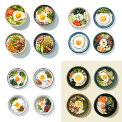 Flat lay illustration of Asian meals featuring noodles rice and soups served in colorful bowls. Balanced food arrangement ideal for menu layouts culinary blogs and branding visuals.