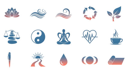 Visually harmonious collection of gradient icons representing holistic wellness, mindful living, natural balance, health, and personal well-being concepts for modern design