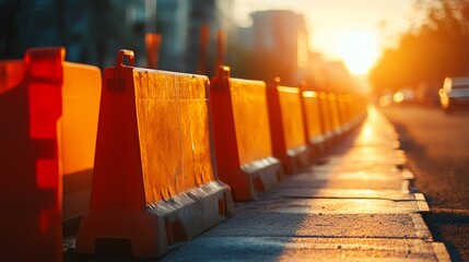 Sunset view of traffic barriers on a city road.