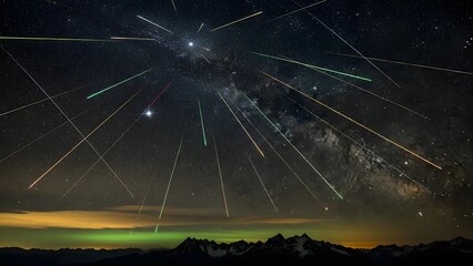 A stunning view of the milky way with many shooting stars above mountains