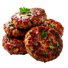 Kyufte, Bulgarian grilled or fried meat patties with spices and onions, served with sides, isolated on a white background.