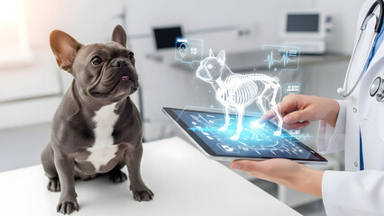Veterinarian doctor using digital tablet with futuristic hologram x-ray scan of dog skeleton anatomy near cute French Bulldog in clinic