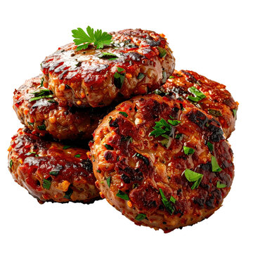Kyufte, Bulgarian grilled or fried meat patties with spices and onions, served with sides, isolated on a white background.