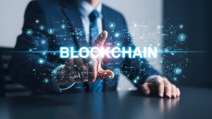 Businessman finger touching futuristic blockchain technology text on virtual screen interface for digital finance and cryptocurrency concept