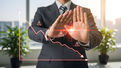 Businessman hands showing stop gesture to falling red financial graph arrow for stopping economic recession and business crisis concept