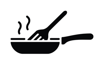 black frying pan with fork and steam rising, vector illustration