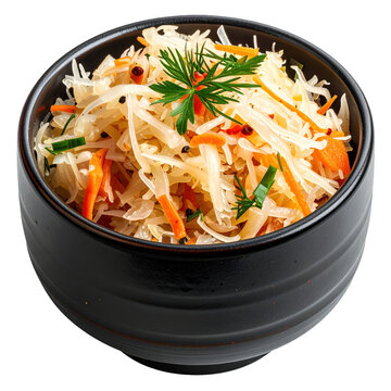 Estonian mulgikapsad, a hearty stew of sauerkraut and barley with pork, served in a bowl and isolated on a white background.