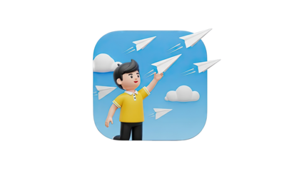 Boy launching paper airplanes in the sky