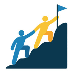people helping each other climb mountain with flag, vector illustration