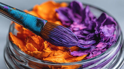 Vibrant colors of orange and purple paint in jar with brush resting on top create beautiful scene for solo art therapy session