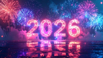 Bright neon fireworks over modern highway at night, symbolizing progress and celebration. Suitable for New Year 2026 projects, digital advertising, presentations, and creative backgrounds.