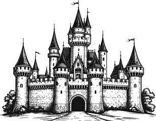 Obraz premium Black and white illustration of a majestic medieval castle