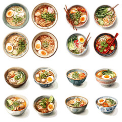 Top view illustration of Asian noodle and soup dishes served in ceramic bowls. Assorted meals with eggs vegetables and broth arranged neatly on a light background.