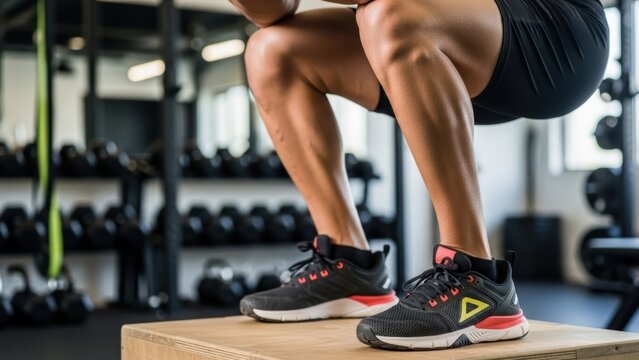 Side view of legs doing box jump exercise