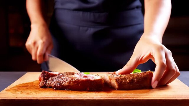 Cook hand holds a knife and cuts steak, chef cutting meat, a cook hands holding a sharp knife and expertly slicing a piece of cooked steak on a wooden cutting board, slicing meat, cooking steak