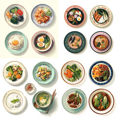 Top view Asian meal assortment featuring soups rice and side dishes in decorative bowls. Warm tones and neat layout perfect for menu templates and food marketing visuals.