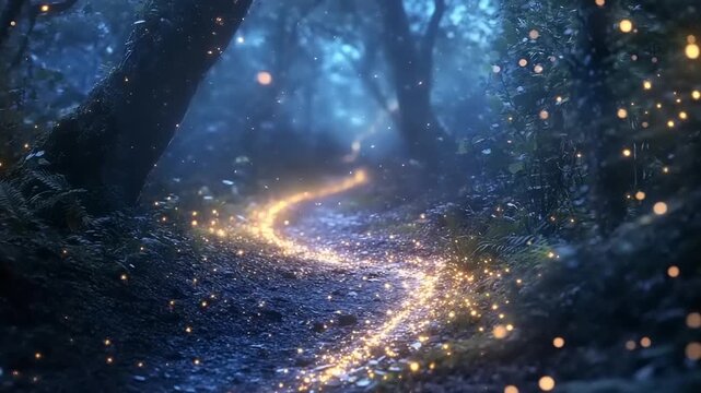 Enchanted forest pathway illuminated by glowing golden specks at night