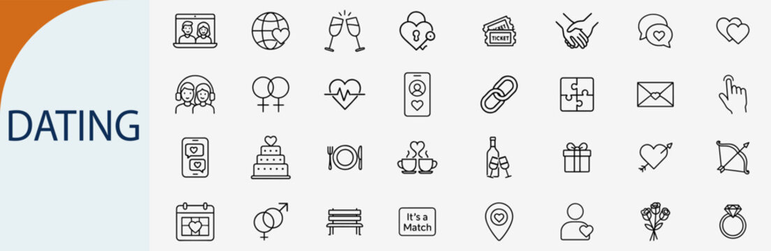 Collection of outline dating icons showing various symbols related to romance, love and relationship