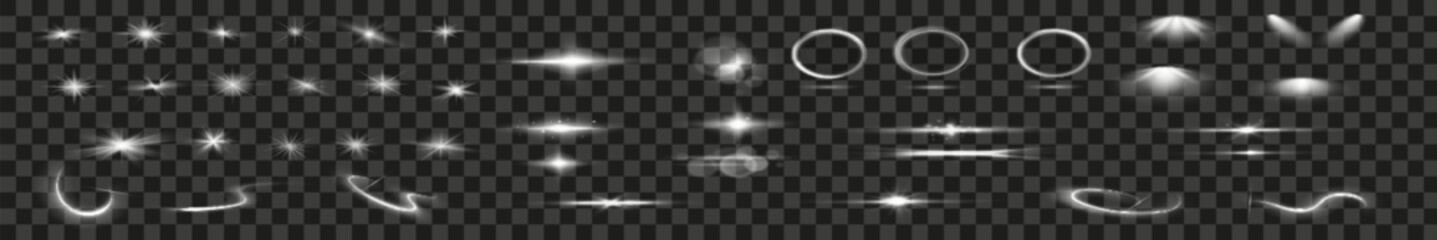 Various light effects on a transparent background. They have the form of symmetrical rays, reminiscent of twinkling stars. For decorating dynamic scenes or adding movement.