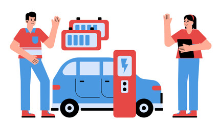 Flat vector illustration of an electric vehicle battery swapping station enabling fast energy replacement and efficient mobility
