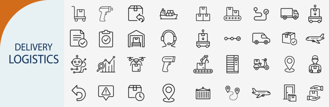 Delivery and Logistics Icons set - a comprehensive illustration with various transport-related symbols. It showcases a range of delivery and logistics icons.