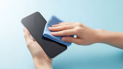 Close-up of a hand cleaning a smartphone screen with a blue microfiber cloth, emphasizing hygiene and maintenance