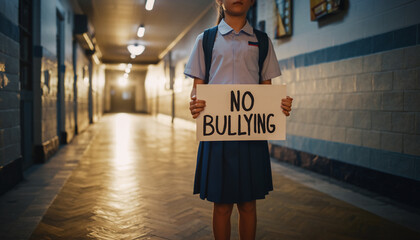 Student in School Hallway Holds No Bullying Sign.