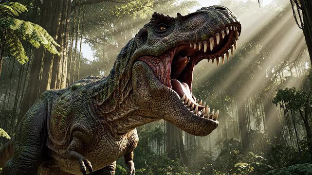 Majestic Tyrannosaurus Rex Roaring in Lush Prehistoric Jungle Sunlight.