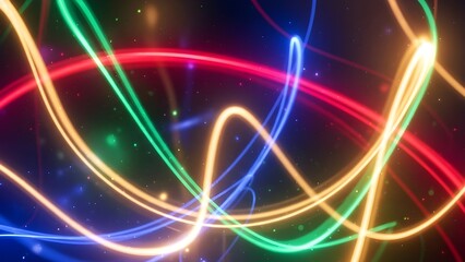 Abstract multi-colored neon light trails swirling in a dark space for energetic motion backgrounds