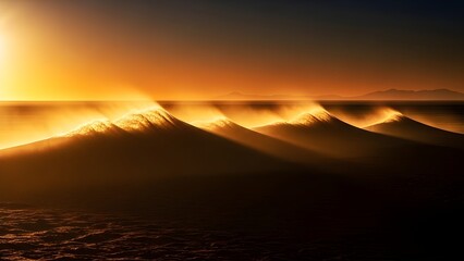 Golden waves at sunset with bright light shining through the crest for dramatic ocean landscape